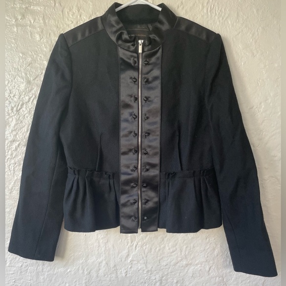 BCBG Black 100% Wool  Military Jacket With Satin Trim And Ruffle Bottom Size L - Picture 1 of 10